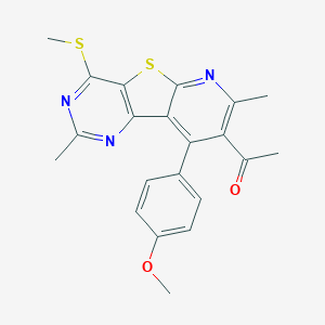 molecular formula C21H19N3O2S2 B289978 1-[9-(4-Methoxyphenyl)-2,7-dimethyl-4-(methylsulfanyl)pyrido[3',2':4,5]thieno[3,2-d]pyrimidin-8-yl]ethanone 