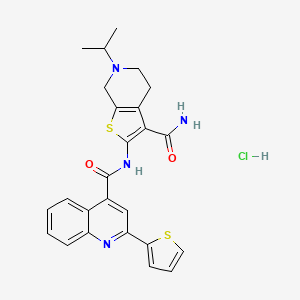 molecular formula C25H25ClN4O2S2 B2899908 6-Isopropyl-2-(2-(thiophen-2-yl)quinoline-4-carboxamido)-4,5,6,7-tetrahydrothieno[2,3-c]pyridine-3-carboxamide hydrochloride CAS No. 1052531-46-0