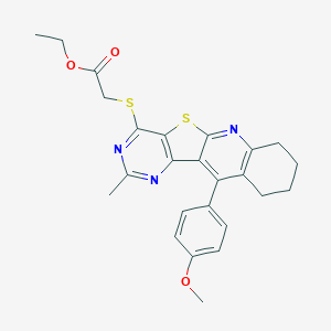 molecular formula C25H25N3O3S2 B289993 Ethyl {[11-(4-methoxyphenyl)-2-methyl-7,8,9,10-tetrahydropyrimido[4',5':4,5]thieno[2,3-b]quinolin-4-yl]sulfanyl}acetate 