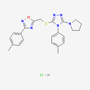 molecular formula C23H25ClN6OS B2899951 3-(4-Methylphenyl)-5-[[4-(4-methylphenyl)-5-pyrrolidin-1-yl-1,2,4-triazol-3-yl]sulfanylmethyl]-1,2,4-oxadiazole;hydrochloride CAS No. 2243520-87-6