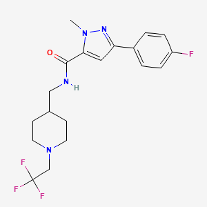 molecular formula C19H22F4N4O B2899990 5-(4-Fluorophenyl)-2-methyl-N-[[1-(2,2,2-trifluoroethyl)piperidin-4-yl]methyl]pyrazole-3-carboxamide CAS No. 2310104-18-6