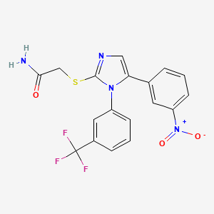 molecular formula C18H13F3N4O3S B2900043 2-((5-(3-nitrophenyl)-1-(3-(trifluoromethyl)phenyl)-1H-imidazol-2-yl)thio)acetamide CAS No. 1226440-29-4