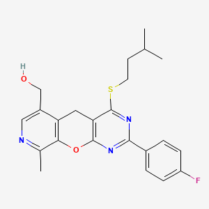 molecular formula C23H24FN3O2S B2900047 [5-(4-Fluorophenyl)-14-methyl-7-[(3-methylbutyl)sulfanyl]-2-oxa-4,6,13-triazatricyclo[8.4.0.0^{3,8}]tetradeca-1(10),3(8),4,6,11,13-hexaen-11-yl]methanol CAS No. 892414-66-3