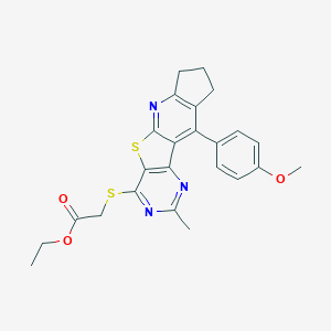 molecular formula C24H23N3O3S2 B290006 Ethyl 2-[[16-(4-methoxyphenyl)-4-methyl-8-thia-3,5,10-triazatetracyclo[7.7.0.02,7.011,15]hexadeca-1(16),2(7),3,5,9,11(15)-hexaen-6-yl]sulfanyl]acetate 