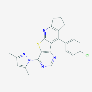 molecular formula C23H18ClN5S B290008 16-(4-Chlorophenyl)-6-(3,5-dimethylpyrazol-1-yl)-8-thia-3,5,10-triazatetracyclo[7.7.0.02,7.011,15]hexadeca-1(16),2(7),3,5,9,11(15)-hexaene 