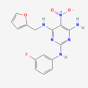 molecular formula C15H13FN6O3 B2900099 N2-(3-fluorophenyl)-N4-(2-furanylmethyl)-5-nitropyrimidine-2,4,6-triamine CAS No. 716340-19-1