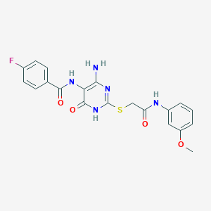 molecular formula C20H18FN5O4S B2900139 N-(4-amino-2-((2-((3-methoxyphenyl)amino)-2-oxoethyl)thio)-6-oxo-1,6-dihydropyrimidin-5-yl)-4-fluorobenzamide CAS No. 888417-06-9