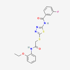 molecular formula C19H17FN4O3S2 B2900157 N-(5-((2-((2-ethoxyphenyl)amino)-2-oxoethyl)thio)-1,3,4-thiadiazol-2-yl)-3-fluorobenzamide CAS No. 868973-79-9