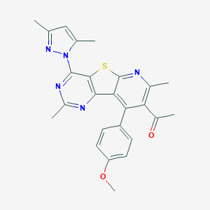 molecular formula C25H23N5O2S B290016 1-[6-(3,5-Dimethylpyrazol-1-yl)-13-(4-methoxyphenyl)-4,11-dimethyl-8-thia-3,5,10-triazatricyclo[7.4.0.02,7]trideca-1(13),2(7),3,5,9,11-hexaen-12-yl]ethanone 