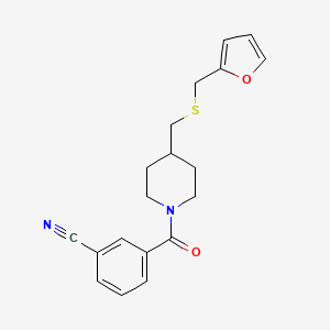 molecular formula C19H20N2O2S B2900160 3-(4-(((Furan-2-ylmethyl)thio)methyl)piperidine-1-carbonyl)benzonitrile CAS No. 1396864-52-0