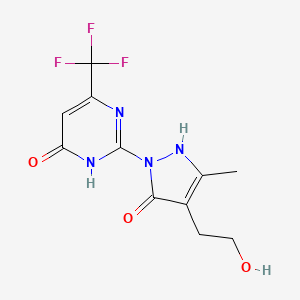 molecular formula C11H11F3N4O3 B2900192 2-[4-(2-hydroxyethyl)-3-methyl-5-oxo-2,5-dihydro-1H-pyrazol-1-yl]-6-(trifluoromethyl)-4(3H)-pyrimidinone CAS No. 866138-03-6
