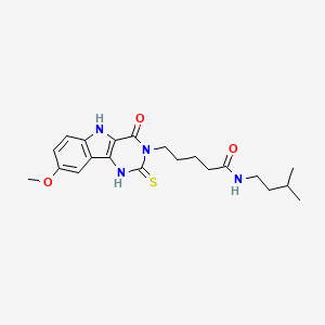 molecular formula C21H28N4O3S B2900205 5-(8-methoxy-4-oxo-2-thioxo-1,2,4,5-tetrahydro-3H-pyrimido[5,4-b]indol-3-yl)-N-(3-methylbutyl)pentanamide CAS No. 866340-31-0