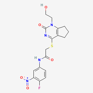 molecular formula C17H17FN4O5S B2900212 N-(4-fluoro-3-nitrophenyl)-2-((1-(2-hydroxyethyl)-2-oxo-2,5,6,7-tetrahydro-1H-cyclopenta[d]pyrimidin-4-yl)thio)acetamide CAS No. 941887-98-5