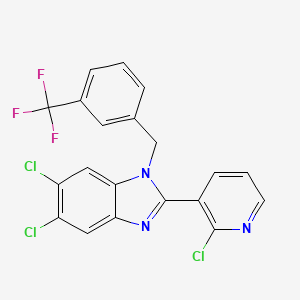 molecular formula C20H11Cl3F3N3 B2900247 5,6-dichloro-2-(2-chloro-3-pyridinyl)-1-[3-(trifluoromethyl)benzyl]-1H-1,3-benzimidazole CAS No. 860609-21-8