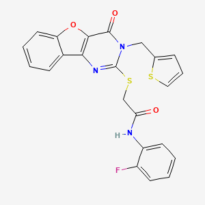 molecular formula C23H16FN3O3S2 B2900290 N-(2-fluorophenyl)-2-{[4-oxo-3-(thiophen-2-ylmethyl)-3,4-dihydro[1]benzofuro[3,2-d]pyrimidin-2-yl]sulfanyl}acetamide CAS No. 899754-63-3