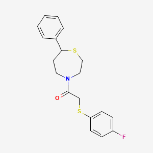 molecular formula C19H20FNOS2 B2900291 2-((4-Fluorophenyl)thio)-1-(7-phenyl-1,4-thiazepan-4-yl)ethanone CAS No. 1797288-82-4