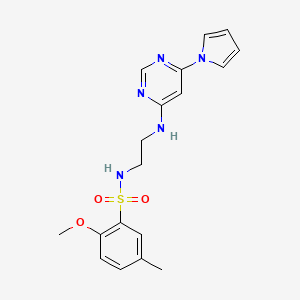 molecular formula C18H21N5O3S B2900369 N-(2-((6-(1H-pyrrol-1-yl)pyrimidin-4-yl)amino)ethyl)-2-methoxy-5-methylbenzenesulfonamide CAS No. 1428355-74-1