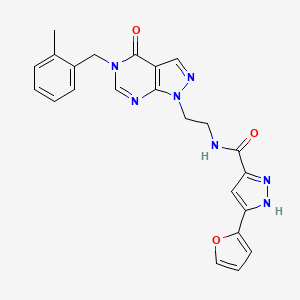 molecular formula C23H21N7O3 B2900370 3-(furan-2-yl)-N-(2-(5-(2-methylbenzyl)-4-oxo-4,5-dihydro-1H-pyrazolo[3,4-d]pyrimidin-1-yl)ethyl)-1H-pyrazole-5-carboxamide CAS No. 1240278-35-6