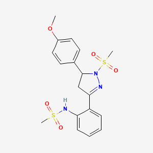 molecular formula C18H21N3O5S2 B2900376 {2-[5-(4-Methoxyphenyl)-1-(methylsulfonyl)(2-pyrazolin-3-yl)]phenyl}(methylsul fonyl)amine CAS No. 923131-15-1