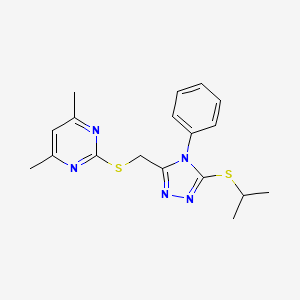 molecular formula C18H21N5S2 B2900393 4,6-Dimethyl-2-[(4-phenyl-5-propan-2-ylsulfanyl-1,2,4-triazol-3-yl)methylsulfanyl]pyrimidine CAS No. 868222-10-0