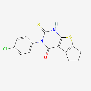 molecular formula C15H11ClN2OS2 B2900401 5-(4-Chlorophenyl)-6-mercapto-1,2,3,5-tetrahydro-8-thia-5,7-diaza-cyclopenta[a]inden-4-one CAS No. 406200-74-6