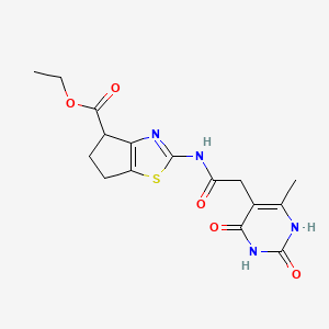 molecular formula C16H18N4O5S B2900412 ethyl 2-(2-(6-methyl-2,4-dioxo-1,2,3,4-tetrahydropyrimidin-5-yl)acetamido)-5,6-dihydro-4H-cyclopenta[d]thiazole-4-carboxylate CAS No. 1203154-45-3