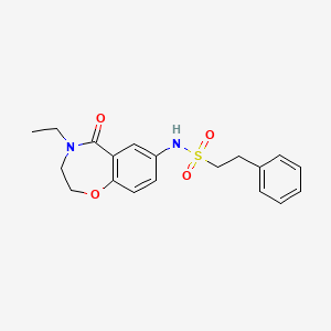 molecular formula C19H22N2O4S B2900468 N-(4-ethyl-5-oxo-2,3,4,5-tetrahydrobenzo[f][1,4]oxazepin-7-yl)-2-phenylethanesulfonamide CAS No. 922062-54-2