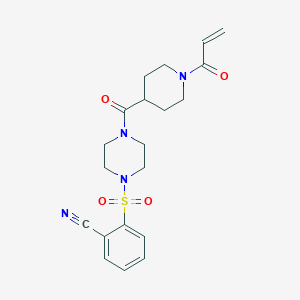 molecular formula C20H24N4O4S B2900503 2-[4-(1-Prop-2-enoylpiperidine-4-carbonyl)piperazin-1-yl]sulfonylbenzonitrile CAS No. 2361704-62-1