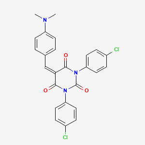 molecular formula C25H19Cl2N3O3 B2900525 1,3-Bis(4-chlorophenyl)-5-((4-(dimethylamino)phenyl)methylene)-1,3-diazaperhydroine-2,4,6-trione CAS No. 1022105-89-0