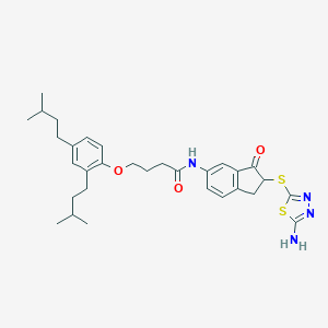 molecular formula C31H40N4O3S2 B290056 N-[2-[(5-amino-1,3,4-thiadiazol-2-yl)sulfanyl]-3-oxo-1,2-dihydroinden-5-yl]-4-[2,4-bis(3-methylbutyl)phenoxy]butanamide 