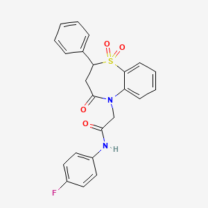 molecular formula C23H19FN2O4S B2900666 2-(1,1-dioxido-4-oxo-2-phenyl-3,4-dihydrobenzo[b][1,4]thiazepin-5(2H)-yl)-N-(4-fluorophenyl)acetamide CAS No. 852451-95-7