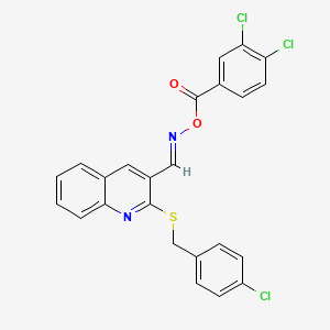 molecular formula C24H15Cl3N2O2S B2900674 (E)-[(2-{[(4-chlorophenyl)methyl]sulfanyl}quinolin-3-yl)methylidene]amino 3,4-dichlorobenzoate CAS No. 478065-79-1