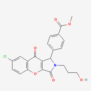 molecular formula C22H18ClNO6 B2900689 Methyl 4-[7-chloro-2-(3-hydroxypropyl)-3,9-dioxo-1,2,3,9-tetrahydrochromeno[2,3-c]pyrrol-1-yl]benzoate CAS No. 874397-80-5