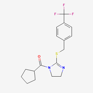 molecular formula C17H19F3N2OS B2900758 Cyclopentyl-[2-[[4-(trifluoromethyl)phenyl]methylsulfanyl]-4,5-dihydroimidazol-1-yl]methanone CAS No. 851805-96-4
