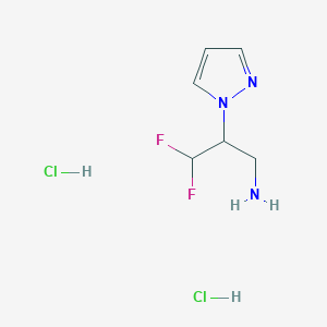 molecular formula C6H11Cl2F2N3 B2900790 3,3-Difluoro-2-(1H-pyrazol-1-yl)propan-1-amine dihydrochloride CAS No. 2172499-68-0