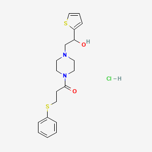 molecular formula C19H25ClN2O2S2 B2900864 1-(4-(2-Hydroxy-2-(thiophen-2-yl)ethyl)piperazin-1-yl)-3-(phenylthio)propan-1-one hydrochloride CAS No. 1351596-06-9