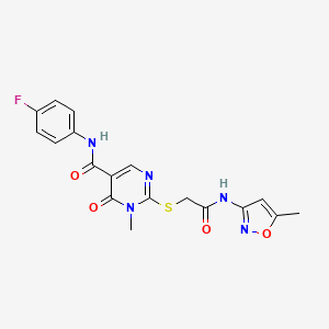 molecular formula C18H16FN5O4S B2900908 N-(4-fluorophenyl)-1-methyl-2-((2-((5-methylisoxazol-3-yl)amino)-2-oxoethyl)thio)-6-oxo-1,6-dihydropyrimidine-5-carboxamide CAS No. 894030-47-8