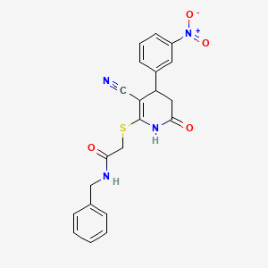 molecular formula C21H18N4O4S B2900931 N-benzyl-2-{[3-cyano-4-(3-nitrophenyl)-6-oxo-1,4,5,6-tetrahydropyridin-2-yl]sulfanyl}acetamide CAS No. 693232-72-3