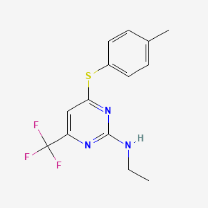 molecular formula C14H14F3N3S B2900979 N-ethyl-4-[(4-methylphenyl)sulfanyl]-6-(trifluoromethyl)-2-pyrimidinamine CAS No. 339011-08-4