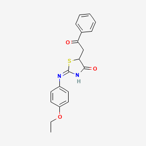 molecular formula C19H18N2O3S B2901043 (E)-2-((4-ethoxyphenyl)imino)-5-(2-oxo-2-phenylethyl)thiazolidin-4-one CAS No. 638136-84-2