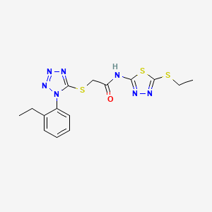 molecular formula C15H17N7OS3 B2901099 2-[1-(2-ethylphenyl)tetrazol-5-yl]sulfanyl-N-(5-ethylsulfanyl-1,3,4-thiadiazol-2-yl)acetamide CAS No. 878701-01-0