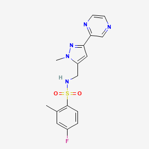 molecular formula C16H16FN5O2S B2901108 4-fluoro-2-methyl-N-((1-methyl-3-(pyrazin-2-yl)-1H-pyrazol-5-yl)methyl)benzenesulfonamide CAS No. 2034324-15-5