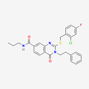 molecular formula C27H25ClFN3O2S B2901120 2-((2-chloro-4-fluorobenzyl)thio)-4-oxo-3-phenethyl-N-propyl-3,4-dihydroquinazoline-7-carboxamide CAS No. 1115382-31-4