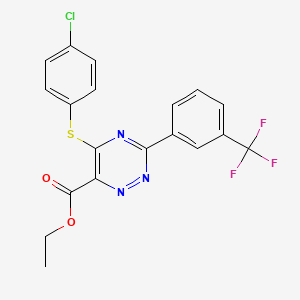 molecular formula C19H13ClF3N3O2S B2901135 Ethyl 5-[(4-chlorophenyl)sulfanyl]-3-[3-(trifluoromethyl)phenyl]-1,2,4-triazine-6-carboxylate CAS No. 338956-93-7