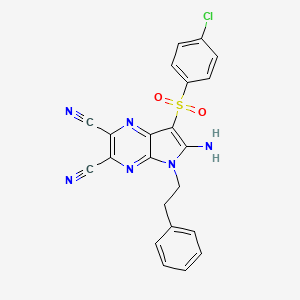 molecular formula C22H15ClN6O2S B2901167 6-amino-7-(4-chlorophenylsulfonyl)-5-phenethyl-5H-pyrrolo[2,3-dicarbonitrile CAS No. 691396-60-8