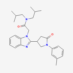 molecular formula C28H36N4O2 B2901195 2-{2-[1-(3-methylphenyl)-5-oxopyrrolidin-3-yl]benzimidazolyl}-N,N-bis(2-methyl propyl)acetamide CAS No. 942884-99-3