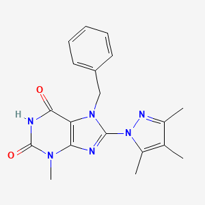 molecular formula C19H20N6O2 B2901232 3-Methyl-7-benzyl-8-(3,4,5-trimethylpyrazolyl)-1,3,7-trihydropurine-2,6-dione CAS No. 1014011-73-4
