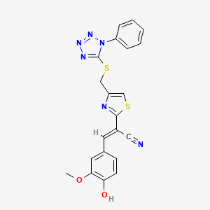 molecular formula C21H16N6O2S2 B2901361 (E)-3-(4-hydroxy-3-methoxyphenyl)-2-(4-(((1-phenyl-1H-tetrazol-5-yl)thio)methyl)thiazol-2-yl)acrylonitrile CAS No. 328017-74-9