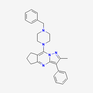 molecular formula C27H29N5 B2901368 2-(4-Benzylpiperazin-1-yl)-11-methyl-10-phenyl-1,8,12-triazatricyclo[7.3.0.0^{3,7}]dodeca-2,7,9,11-tetraene CAS No. 896844-93-2