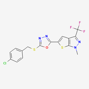 molecular formula C16H10ClF3N4OS2 B2901375 5-{5-[(4-chlorobenzyl)sulfanyl]-1,3,4-oxadiazol-2-yl}-1-methyl-3-(trifluoromethyl)-1H-thieno[2,3-c]pyrazole CAS No. 478080-23-8